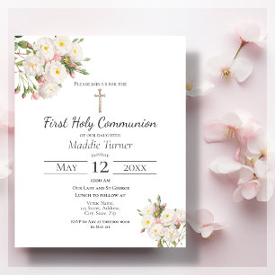 Budget White Rose First Communion Invitation