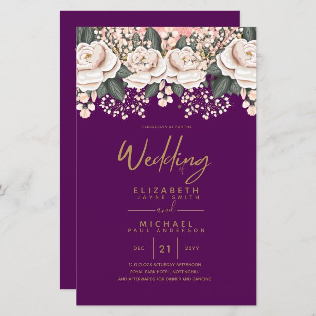 Budget White Roses Botanical Wedding Invites A9 (Front/Back)