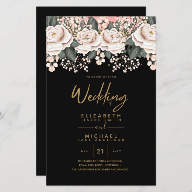 Budget White Roses Botanical Wedding Invites A9 (Front/Back)