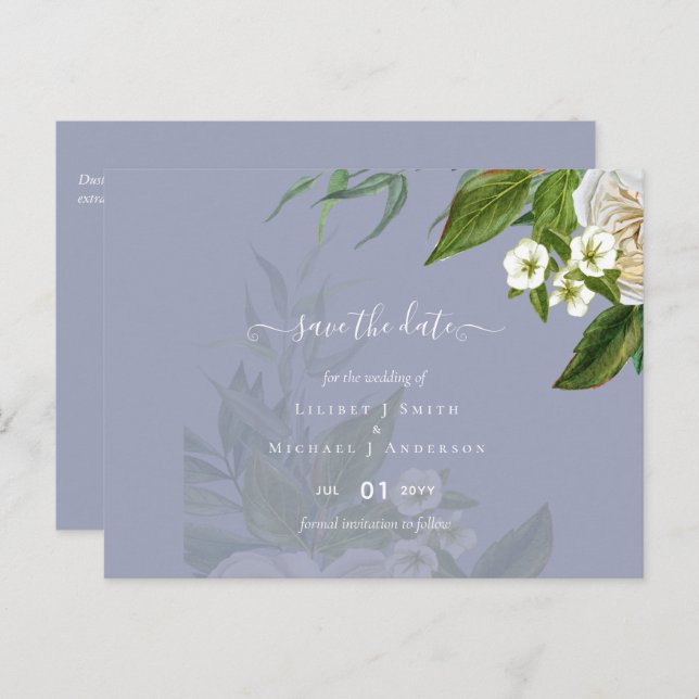 Budget White Roses Dusty Blue Wedding Postcard (Front/Back)
