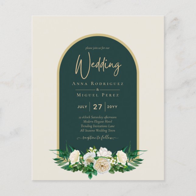 BUDGET White Roses Forest Green Winter Wedding INV Flyer (Front)