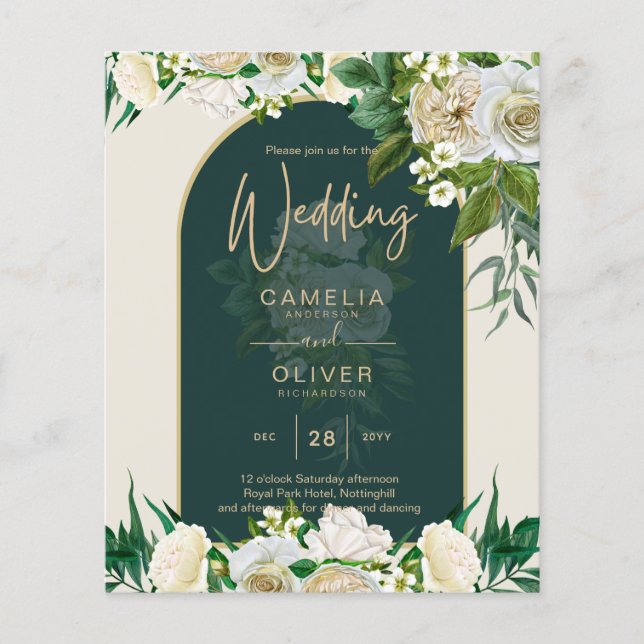BUDGET White Roses Forest Green Winter Wedding INV Flyer (Front)
