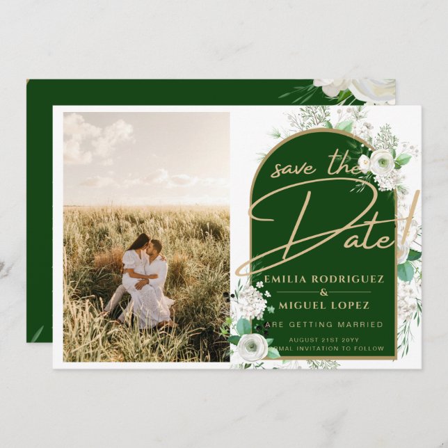 Budget White Roses Green Wedding Save the Date Invitation (Front/Back)