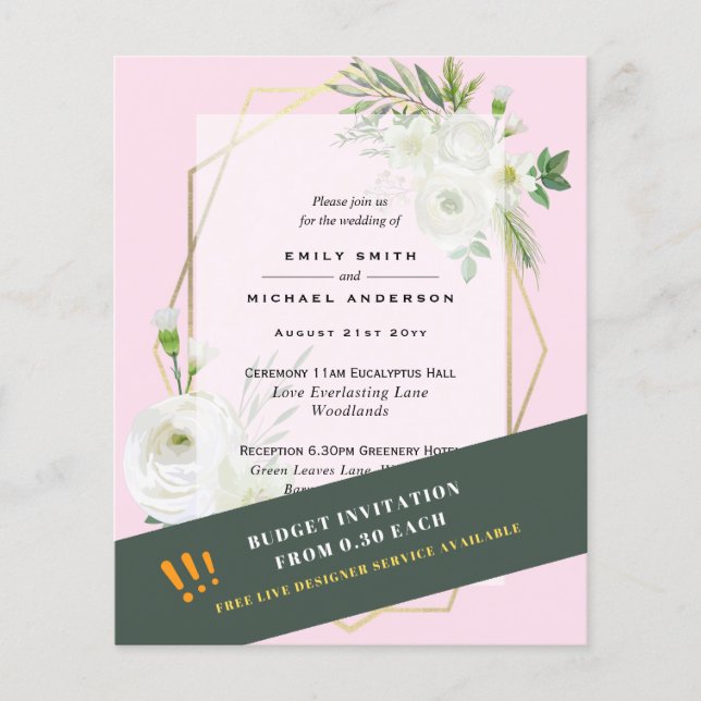 BUDGET White Roses Greenery Pink Wedding Invites Flyer (Front)