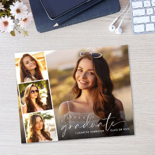 Budget White Script Photo Graduation Announcement