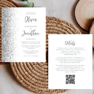 Budget White Silver Glitter QR Code Wedding Invite