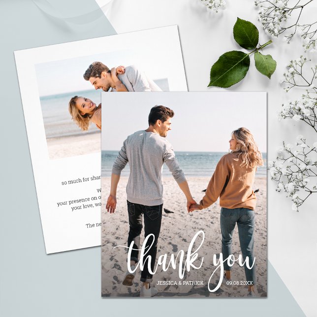 Budget White Text Wedding Photo Thank You Flyer (Thank yous printed on affordable THIN 80 lb flyer paper, heavier papers available in our collection.)
