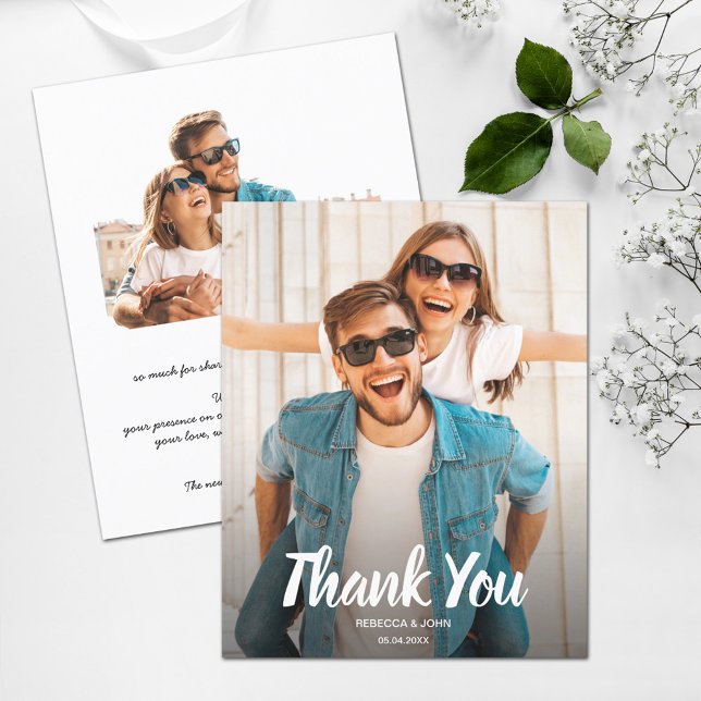 Budget White Text Wedding Photo Thank You Note (Creator Uploaded)