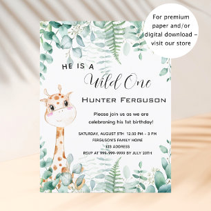 Budget wild one 1st birthday giraffe invitation