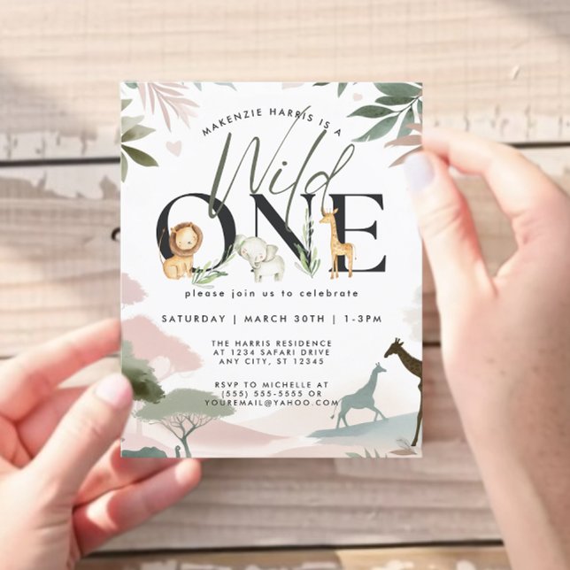 Budget Wild One Safari 1st Birthday Party Flyer (Safari-themed “Wild One” first birthday invitation with jungle animals and greenery.)