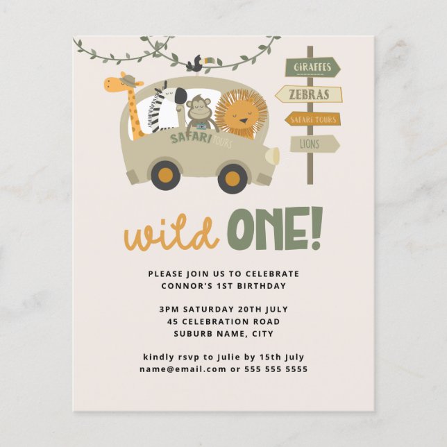 Budget Wild One Safari Animals 1st Birthday Invite (Front)