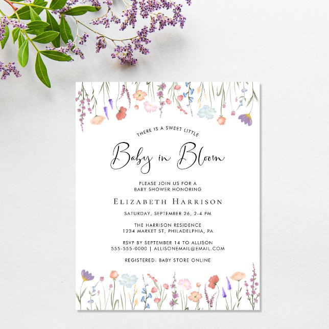 Budget Wildflower Baby in Bloom Shower Invitation (A sweet affordable wildflower baby shower invitation to celebrate the upcoming arrival of your baby)