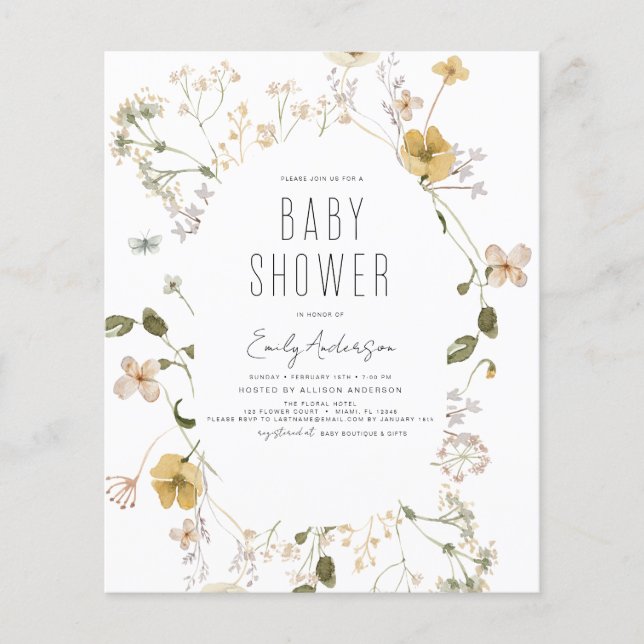 Budget Wildflower Boho Baby Shower Elegant Modern Flyer (Front)
