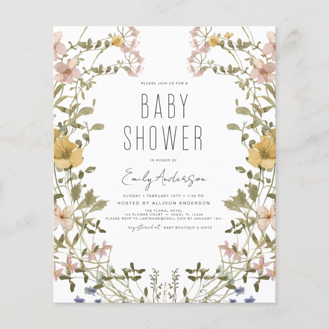 Budget Wildflower Boho Baby Shower Elegant Modern  Flyer (Front)