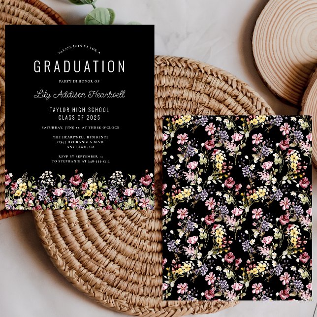 Budget Wildflower Pattern Black Grad Party Invite (Creator Uploaded)