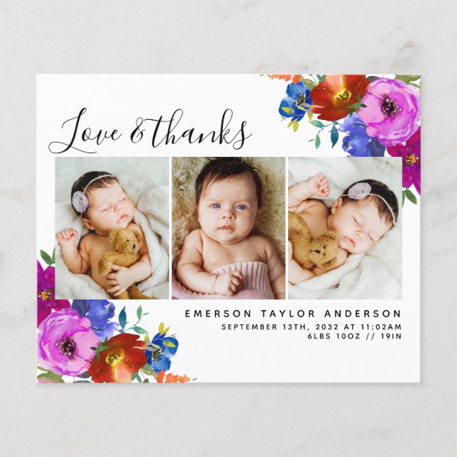 Budget Wildflower Photo Baby Thank You Card (Front)