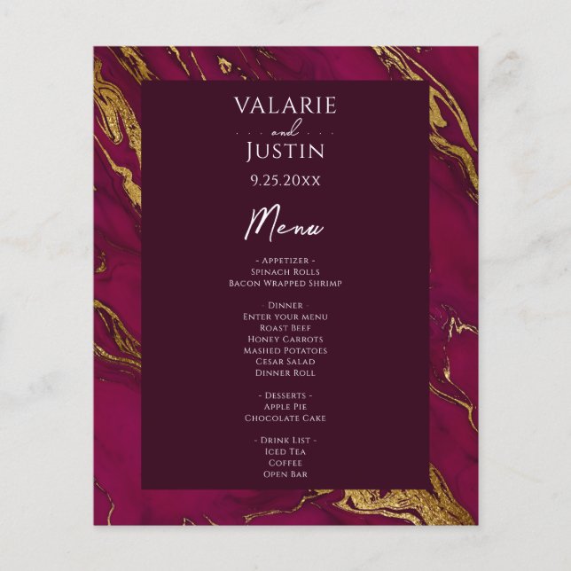 Budget Wine and Gold Wedding Menu Flyer (Front)