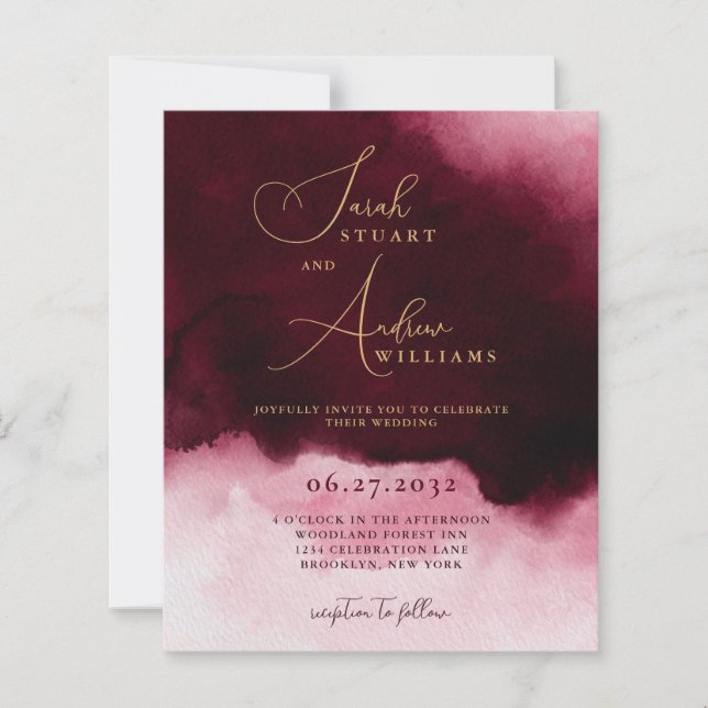 BUDGET Wine Red Watercolor Gold Script Wedding (Front)