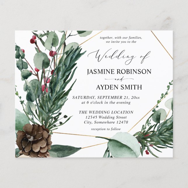 Budget Winter Berries & Pine Greenery Wedding 2 Flyer (Front)