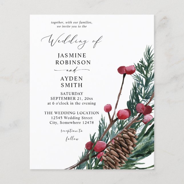Budget Winter Berries & Pine Greenery Wedding Flyer (Front)