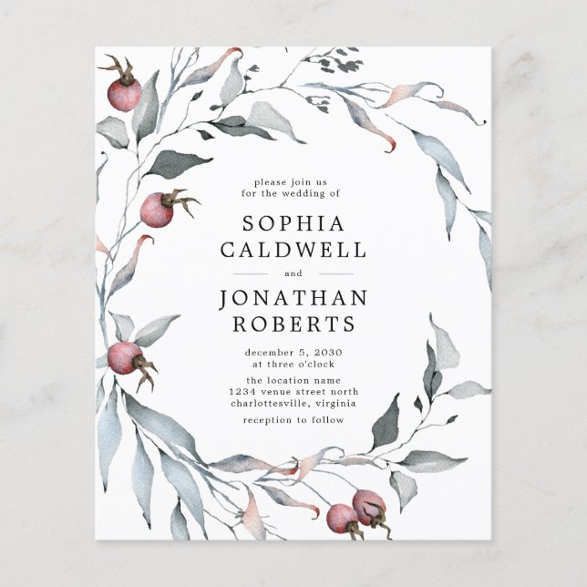 Budget Winter Berries QR Code Wedding Invitation (Front)