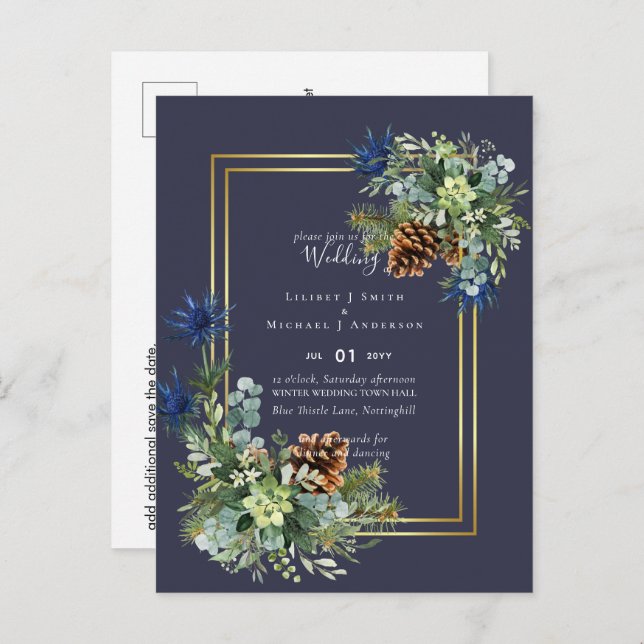 BUDGET  Winter Blue Thistle Wedding Invites Postcard (Front/Back)