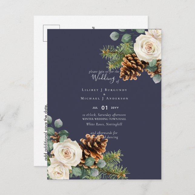 BUDGET Winter Eucalyptus Pine Cones Wedding Postcard (Front/Back)