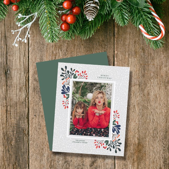 Budget Winter Flowers Snow Christmas Photo Card (Winter flowers and snowflakes Christmas holiday photo cards)