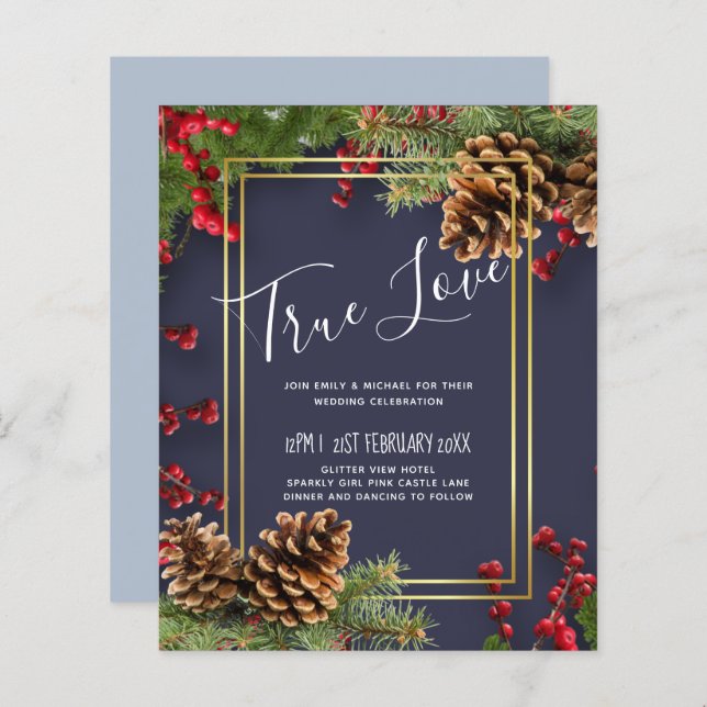 BUDGET  Winter Red Berries Pine Cones Wedding (Front/Back)