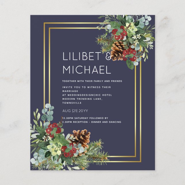 BUDGET  Winter Red Berries Pine Cones Wedding Flyer (Front)