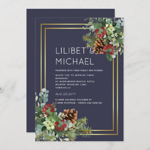 BUDGET Winter Red Berries Pine Cones Wedding Invitation