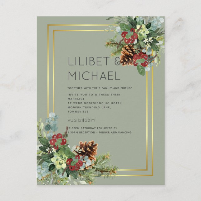 BUDGET  Winter Red Berries Pine Cones Wedding Postcard (Front)