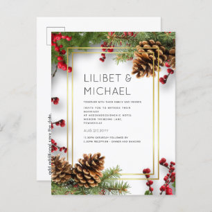 BUDGET  Winter Red Berries Pine Cones Wedding Postcard