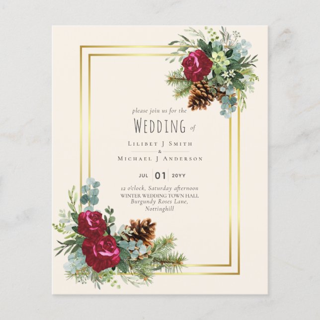 BUDGET  Winter Wedding Burgundy Roses Eucalyptus Flyer (Front)