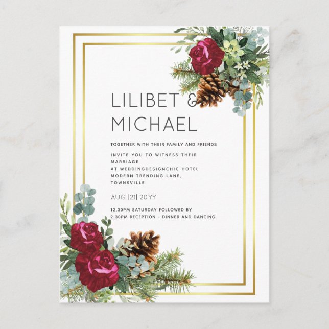 BUDGET  Winter Wedding Burgundy Roses Eucalyptus Postcard (Front)