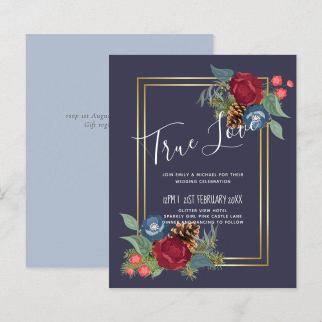 BUDGET  Winter Wedding Burgundy Teal Blue Modern (Front/Back)