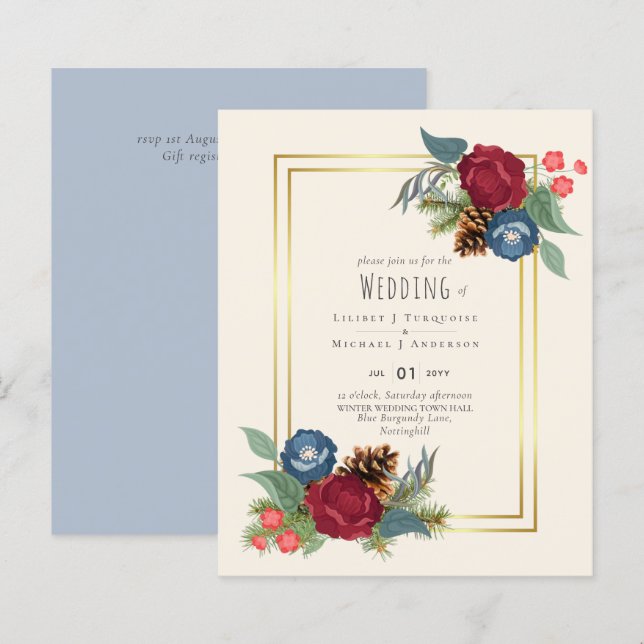 BUDGET  Winter Wedding Burgundy Teal Blue Modern (Front/Back)