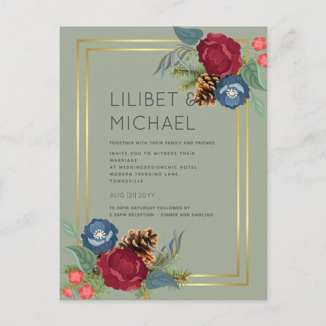 BUDGET  Winter Wedding Burgundy Teal Blue Modern Postcard (Front)