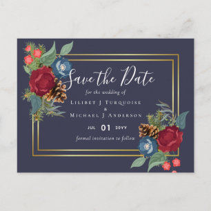 BUDGET  Winter Wedding Burgundy Teal Blue Modern Postcard