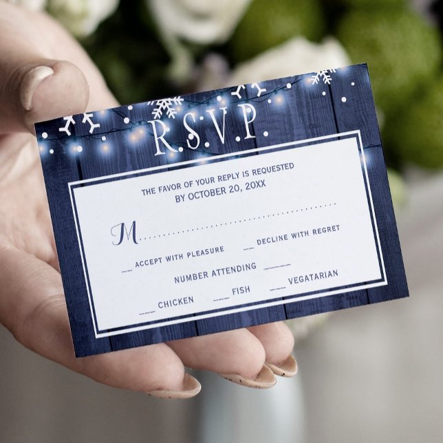 Budget winter wedding navy white snowflakes RSVP Enclosure Card (Creator Uploaded)