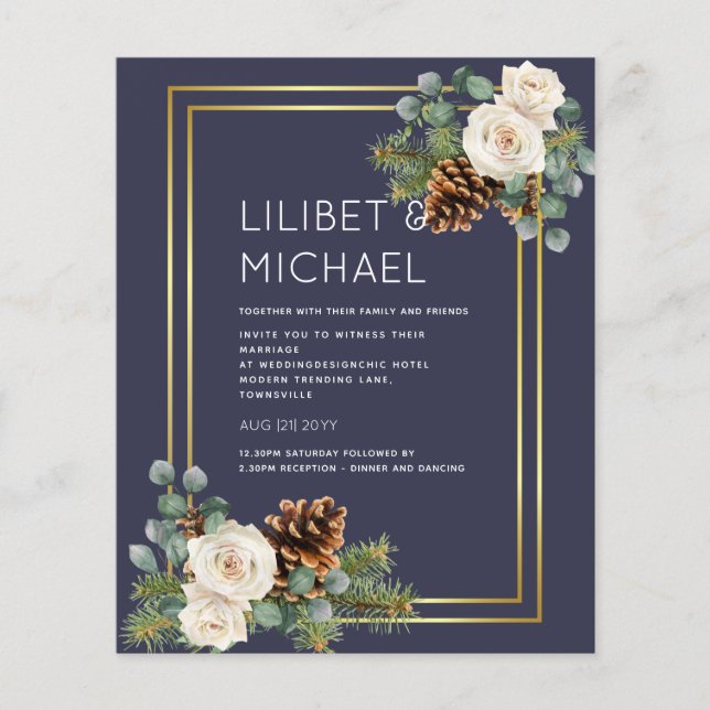 BUDGET  Winter Wedding White Roses Gold Dusty Blue Flyer (Front)