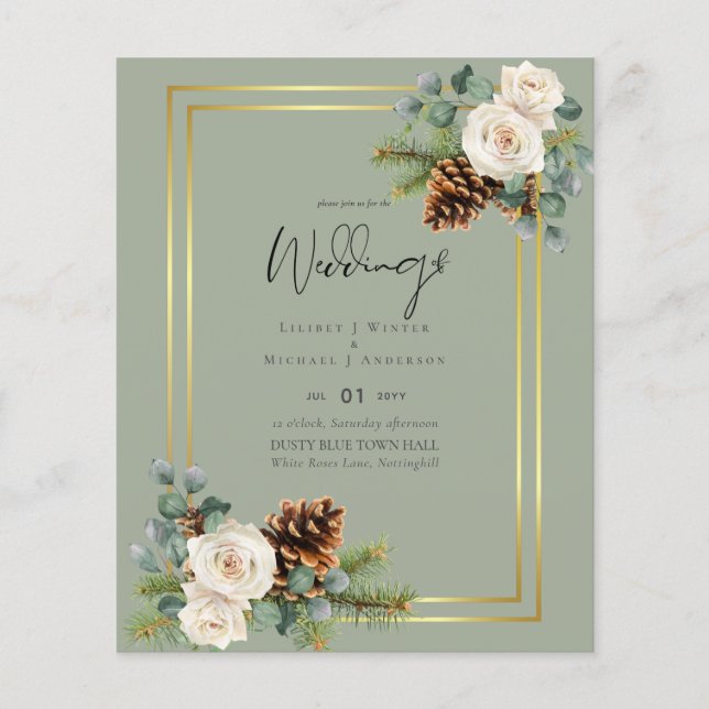 BUDGET  Winter Wedding White Roses Gold Dusty Blue Flyer (Front)