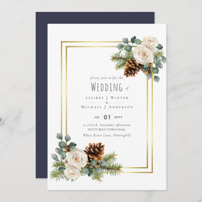 BUDGET  Winter Wedding White Roses Gold Dusty Blue Invitation (Front/Back)