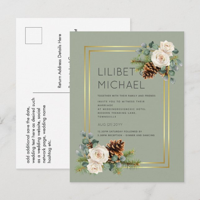 BUDGET  Winter Wedding White Roses Gold Dusty Blue Postcard (Front/Back)