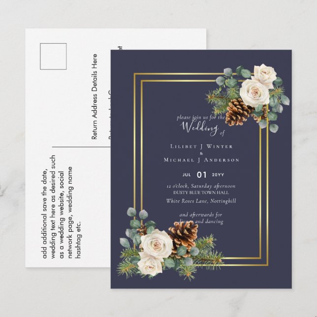 BUDGET  Winter Wedding White Roses Gold Dusty Blue Postcard (Front/Back)