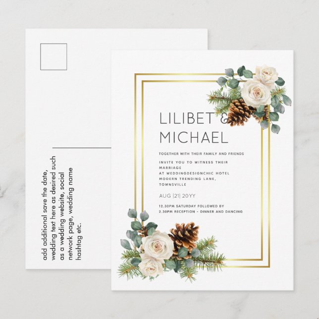 BUDGET  Winter Wedding White Roses Gold Dusty Blue Postcard (Front/Back)