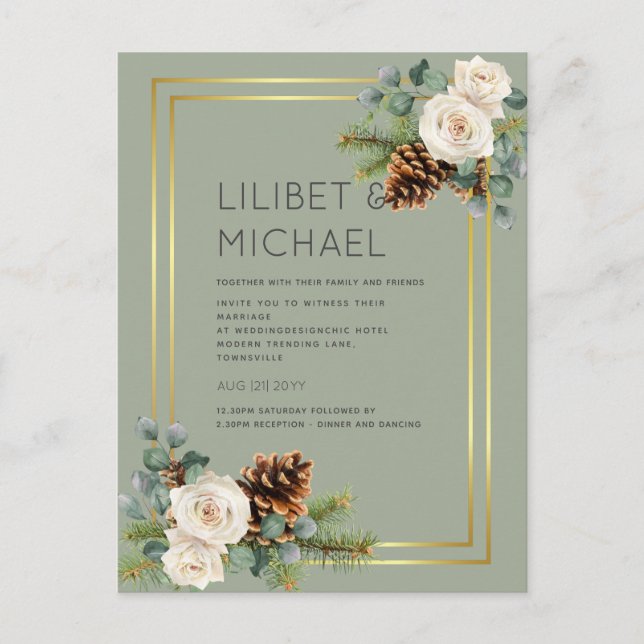 BUDGET  Winter Wedding White Roses Gold Dusty Blue Postcard (Front)