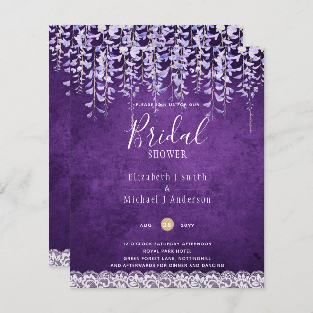 BUDGET Wisteria Floral Lace BRIDAL SHOWER INVITE (Front/Back)