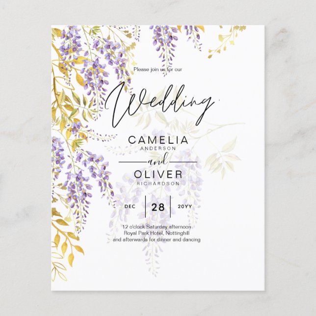 Budget WISTERIA Lilac Gold Leaves Wedding Invite Flyer (Front)