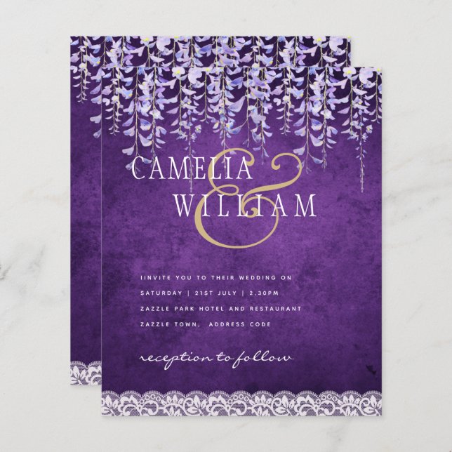 BUDGET Wisteria Purple Floral Lace Wedding INVITE (Front/Back)